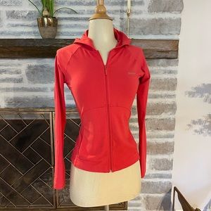 Red Reebok zip up stretchy light jacket with hood and pockets
